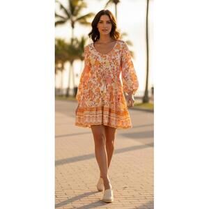 Petal & Pup Orange Multi Floral Tiered Mini Dress Boho US 8 Australia Design